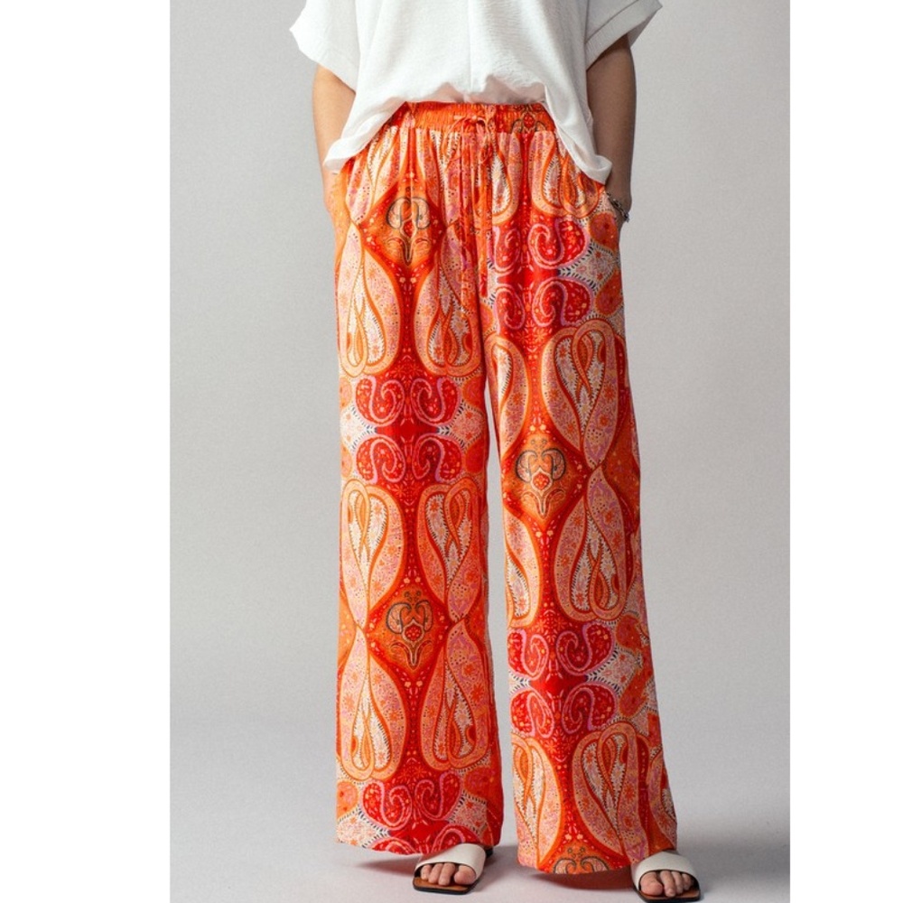 Womens Size Large Wide-Leg Paisley Print Pull-On Pants - Orange
